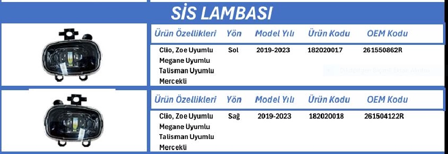 Clio, Megane, Talısman, 2019-2023, Mercekli, Sol Sis E Belgeli 261550862R | OEM 182020017