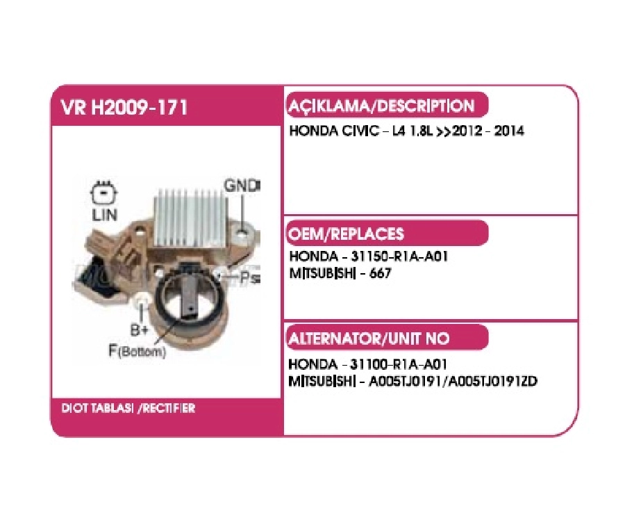 Konjektör 14.5V Honda Civic 1.8 Acura Accord, Crv 2012 ve sonrası LIN-2 Uç (Tek Fiş) A5TJ0191 | OEM VRH2009-171