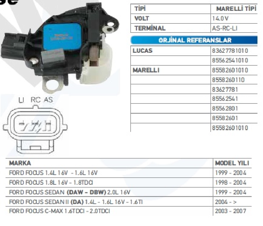 Konjektör 12V - Ford Focus-Fiesta 1.4 1.6 Benzinli As-Rc-Lı Uçlu | OEM TRS.YR.IX131HD
