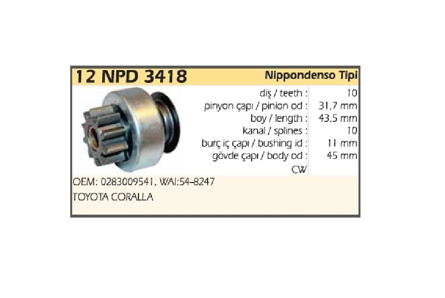 Marş Dişlisi 10D 5 Kanal Denso Tipi Toyota Corolla Pontiac | OEM 12NPD3418