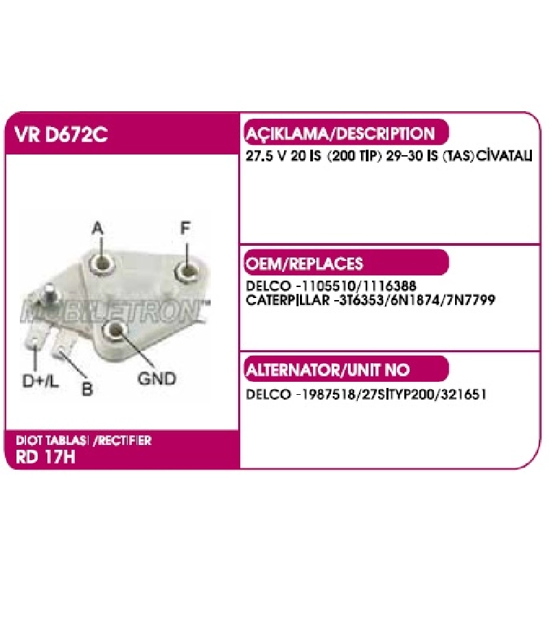 Konjektör Delco Tipi 27.1V 2020 ve sonrası Is (200 Tip) 29-30 Is (Tas) Civatalı | OEM VRD672C