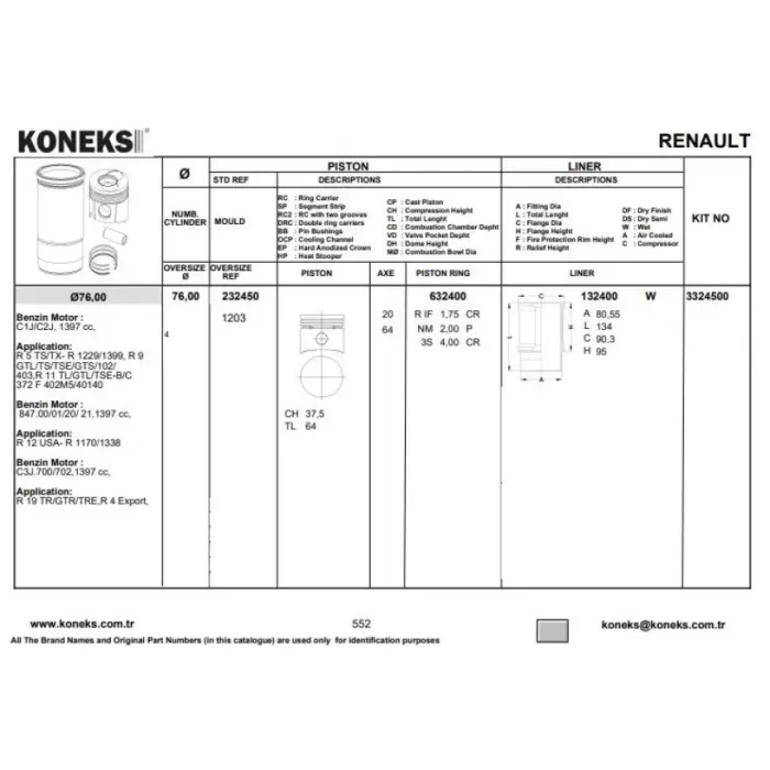 Motor Kiti (Pi̇ston+Segman+Gömlek) R12 R9 1.4 (76,00MM) / (Std) | KONEKS 3324500 | OEM YENMAK 7904-STD