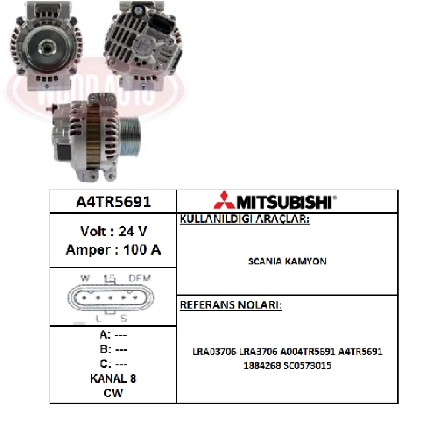 Alternatör 24V 100A 5 Fişli 10 Kanal Scania P G R T P230, G230, R 31 Scania | OEM A4TR5691