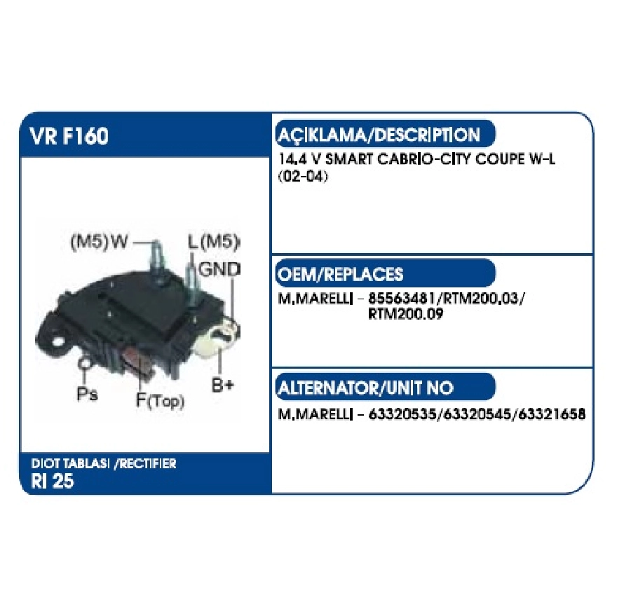 Konjektör Marelli Tip 14.4 V - Jcb Smart Cabrıo-Cıty Coupe (W-L) (02-04) ( 2 Uzun Civata ) | OEM VRF160