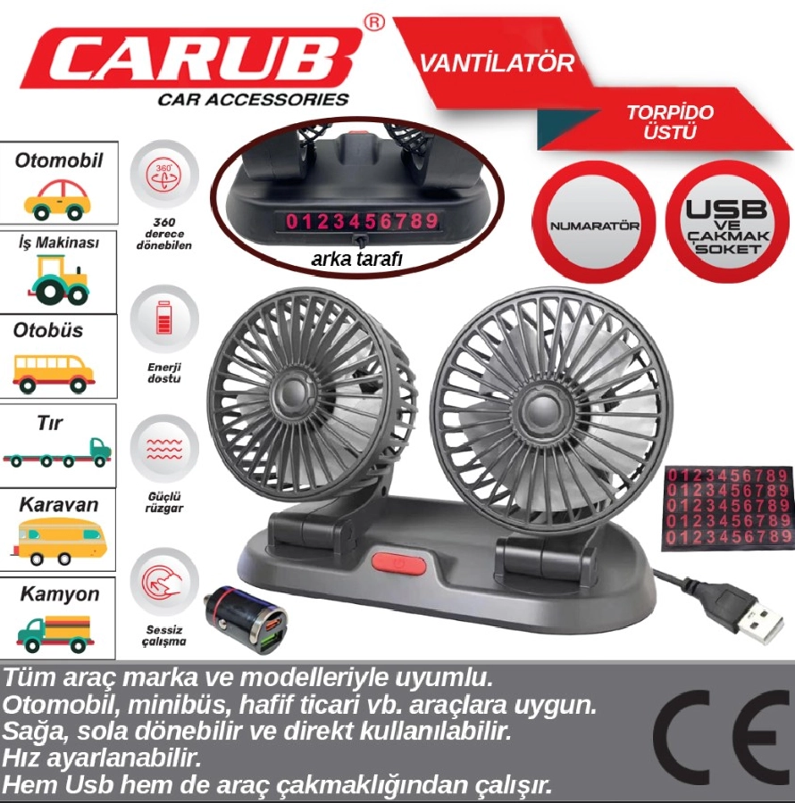 Vantilatör 12V-24V Torpido Üstü Çiftli USB + Çakmak Dönüştürücülü + Arkası Numaratörlü | OEM BR6400619