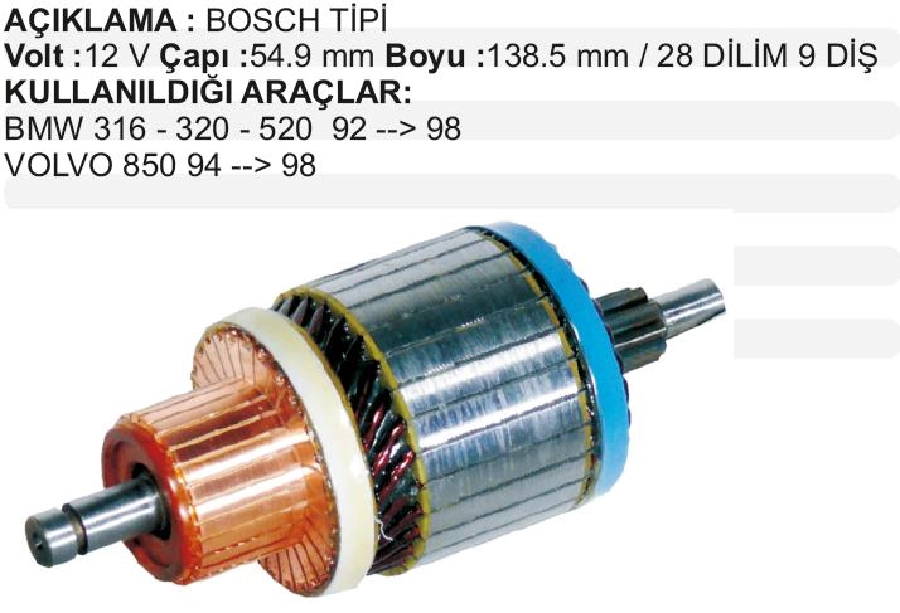 Marş Kollektörü Bosch Tipi 12V BMW 3.16, 3.20, 5.20 (92-98), Volvo 850 (94-98) BOY:138 CAP:55 DIS:9 DI | OEM IM2111