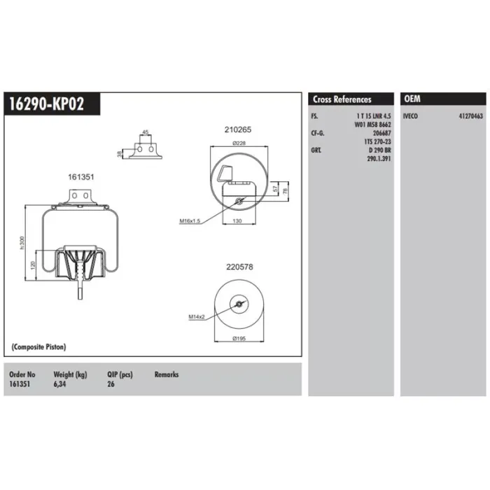 Komple Plastik Piston - Iveco / Stralis 400 / Eurotech 440E Fp / P4X2 On Sag | CONNECT MD 16290-KP02 | OEM 41270463