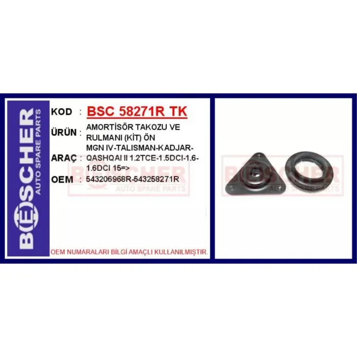 Amortisor Takozu Rulmanli Renault Megane 4 Talisman Kadjar 1,2TCE 1,5DCI 1,6 1,6DCI 15> | BSC 58271R TK | OEM 543206968R-543258271R