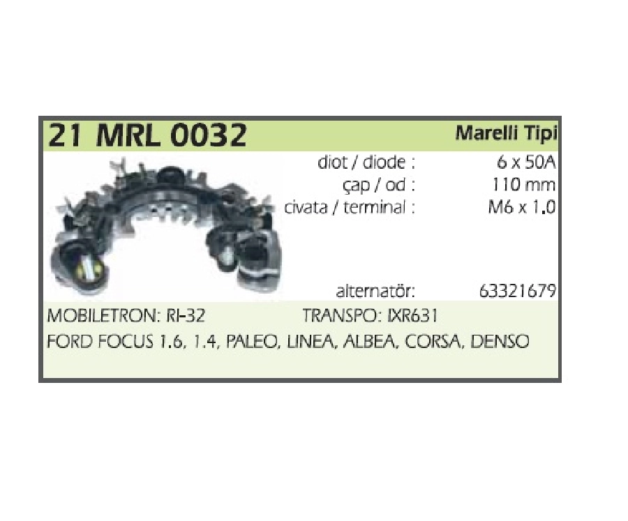 Diyot Tablası Marelli Tipi Ford Transit Focus I 1.4, 1.6 1998-2004, Focus 2 2004-2007 90A. 12V | OEM 21MRL0032