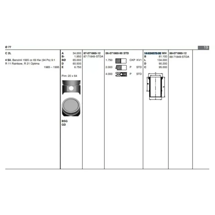 Motor Gomlek R21 Optima Fairway R9 1,6 (77,00mm) / (Std) | GOETZE 46345700G