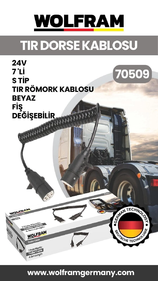7 Li S Tip Tır Dorse Kablosu Beyaz Fiş Değişebilir 24V | OEM 70509