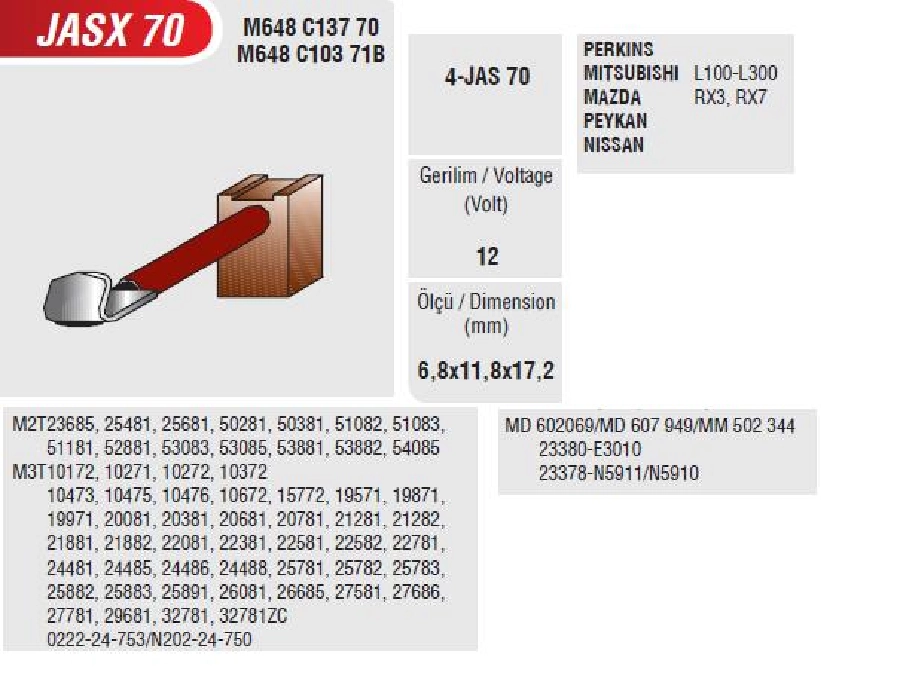 FM121= Marş Kömürü - Mazda RX3-RX7, Mitsubishi L100-L300, Nissan, Subaru, Suzuki, Toyota | OEM JASX70