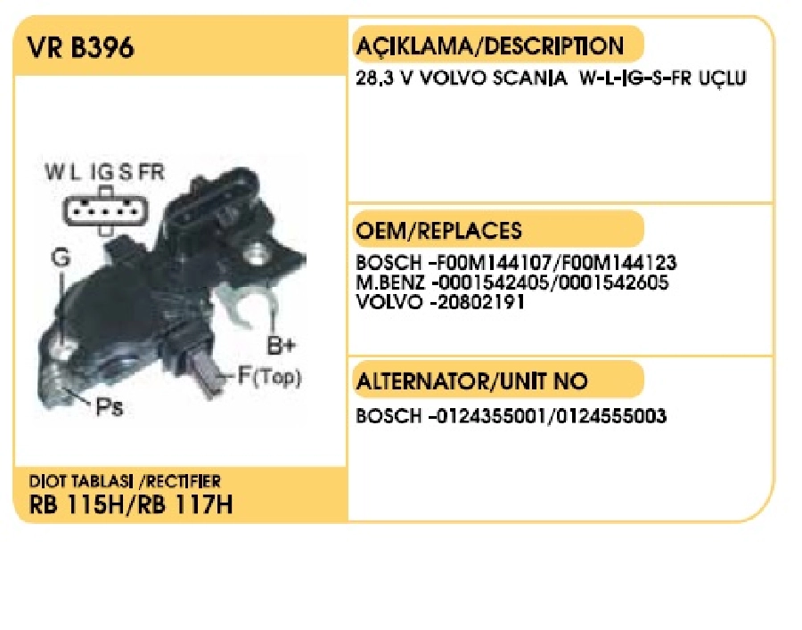 Konjektör 24V ( 28.3V ) Bosch Tip 5 Fiş - Axor-Atego-Actros 2003 ve sonrası Unımog U-300,400,500 -DAF95, Volvo* Sc | OEM VRB396