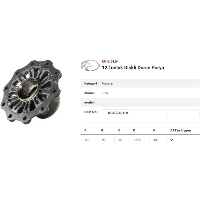 Dingil Poryasi Bpw Römork Shbf 9010-15 Eco Plus 3 Serisi | KURTSAN KP.16.04.04 | OEM 327243410