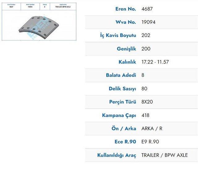 Fren Balatasi Kampanali Tip Arka Vva 19166 Setra-Bpw Dingil 202×200*18*6 Mm | EREN 4687 1 M750 | OEM 19166 8285000227 8285000228 8283000769 8283000770 3354230310 1057301300 3057001300