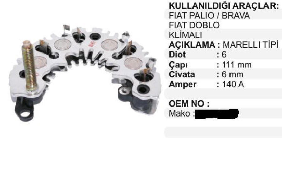 Diyot Tablası Marelli Tip 111mm - Fiat Palio, Siena, Brava Kılımalı (8X40 Amp) 8mm Civata | OEM VXR0634A