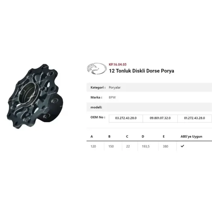 Dingil Poryasi Diskli Kit Rulmanli (12 Tonluk) - Dorse | KURTSAN KKL.16.04.03 | OEM 327243280 0980107320 0327243530