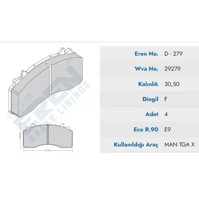 Ön / Arka Fren Balatasi MAN TGX Ym (Wabco NG22 Kaliper) (Mavi Kutu) | EREN HP D.279 M201 | OEM 29279 2927901 81508206065