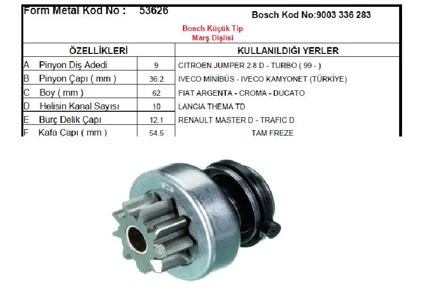 Marş Dişlisi 9D-10K - Bosch Tipi Iveco, Cıt Jumper, Daily 2.8 Minibüs | OEM 53626