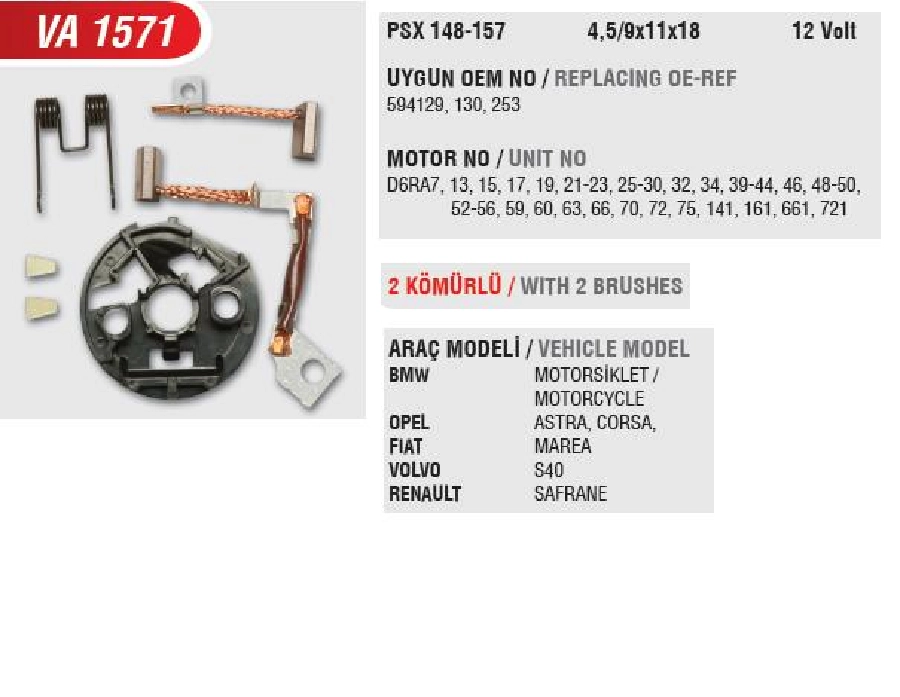 Marş Kömürü Yuvası - Opel Astra-Corsa, Fiat Marea, Volvo Ceyran Kablosu Kısa (Uygun Kömür:PSX148, 157) | OEM VA1571