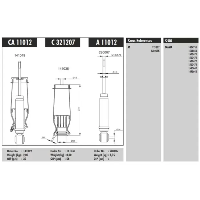 On / Arka Kabin Amortisoru (Koruklu) Scania 4 Cr Cp Series | CONNECT CA 11012 | OEM 1424231 1505563 1502471 1502470