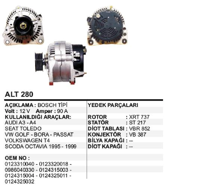 Alternatör 12V 90A Bosch Tipi Audi A3-A4, Seat Toledo, VW Golf-Bora-Passat-T4, Skoda Octavia 1995-1999 6 | OEM ALT280