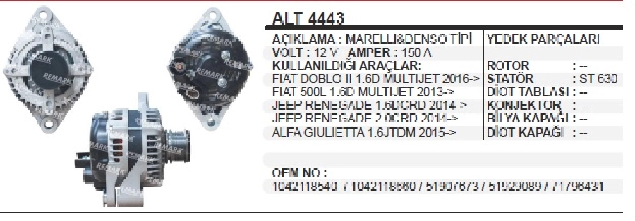 Alternatör 12V 150A Doblo, Renegade, 500 2015 ve sonrası LIN2 | OEM ALT4443