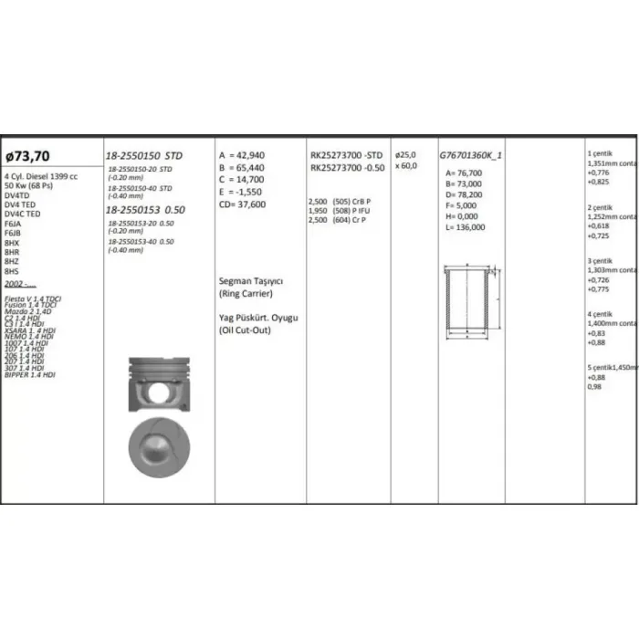 Motor Piston+Segmani ( Riken ) 73,70+0,50mm(-40) Cap Fiesta V 1.4 TDCI Fusion 1.4 TDCI Mazda 2 1,4D C2 1.4 HDI C3 I 1.4 HDI Xsara 1. 4 HDI Nemo 1.4 HDI 1007 1.4 HDI 107 1.4 HDI 206 1.4 HDI 207 1.4 HDI 307 1.4 HDI Bipper 1.4 HDI DV4TD-DV4 Ted- 4 Sil