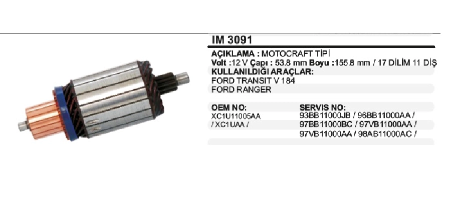 Marş Kollektörü Motograf Tip 12V. Ford Transit V, 184 Ford Ranger 17 Dilim 11 Diş Çap 53,8 2000 Uzunluk 155 | OEM IM3091
