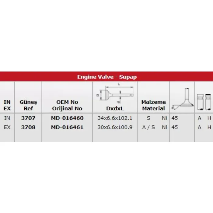 Subap Takimi Excel 1,3-1,5 1990-1994 - Lancer 1,5 1990 ->(8 Subap) (In 4 / Ex 4) | GUNES 3707-3708 | OEM MD016461