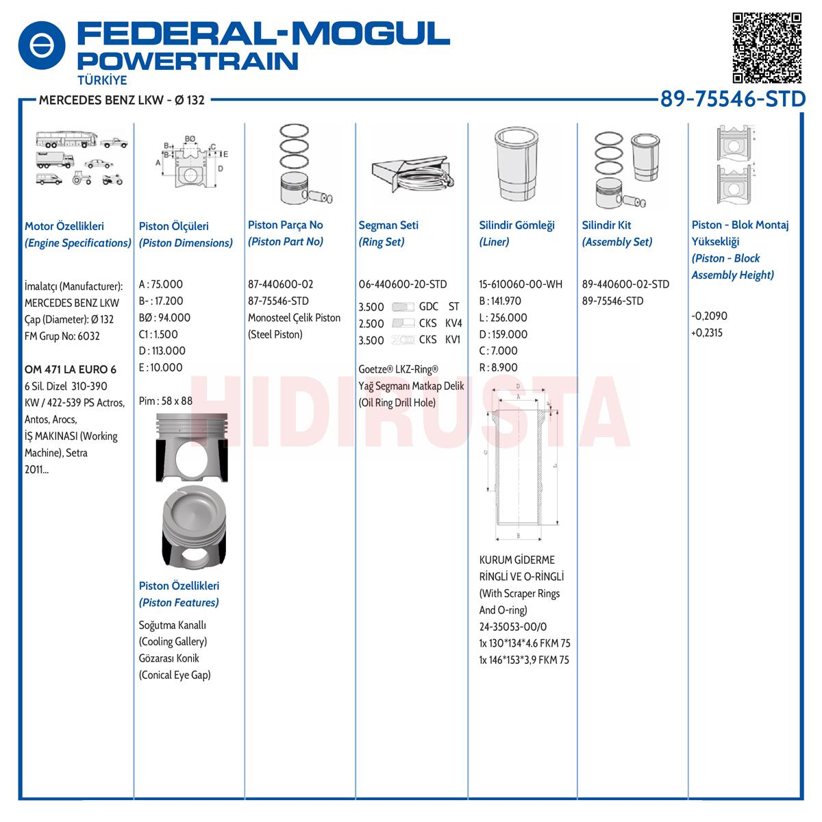 Piston Set 132.00Mm 471 1.Versiyon (Lastikli) (Std) | OEM A4710301417