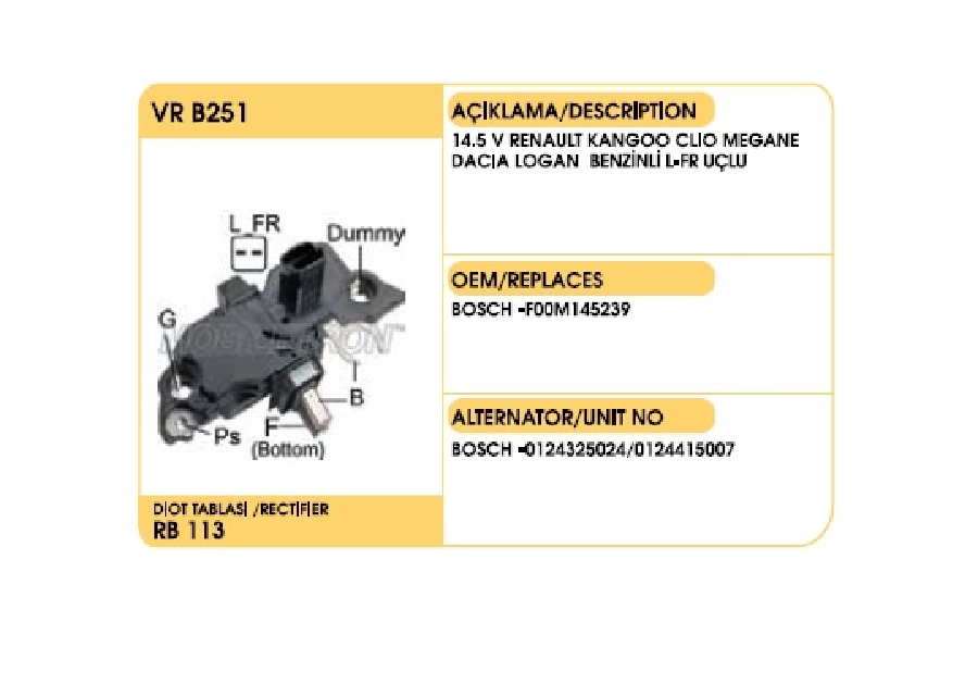 Konjektör Bosch Tipi 12V Renault Clio 2 - Kango - Megane - Logan 2 Fişli ( L-Fr ) Uçlu | OEM VRB251