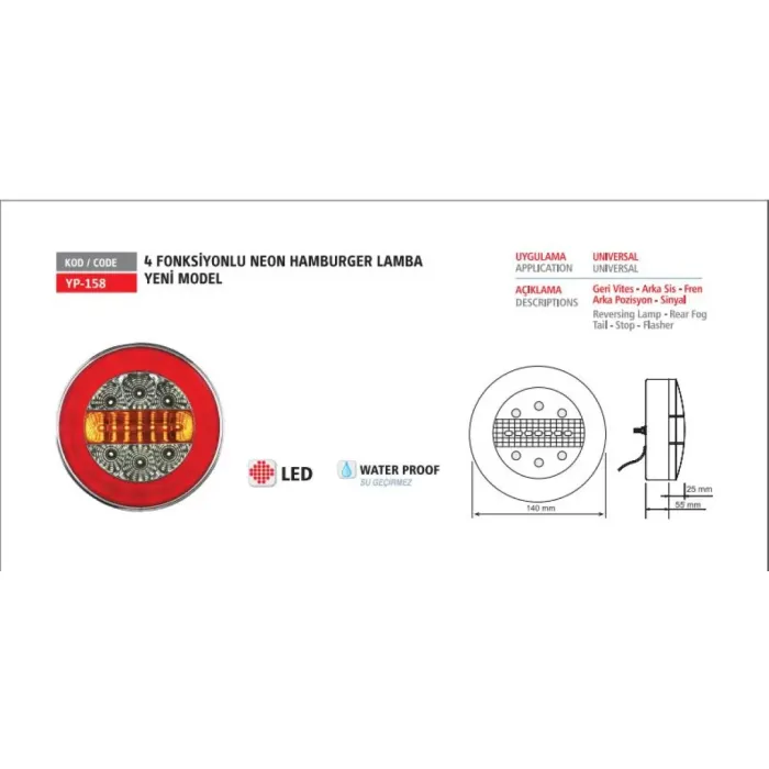 Stop Lambasi 4 Fonksiyonlu Neon Universal 24V ( Hamburger ) | YUCEPLAST YP-158 24V