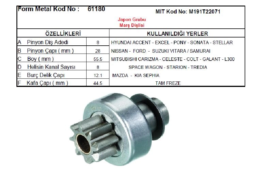 Marş Dişlisi 8D Mitsubishi Tipi - Hyundai Accent Exel Sonata Kia Carisma Lancer Colt, Suzuki Nissan Ford | OEM 61180