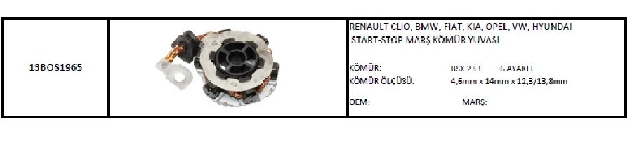 Marş Kömür Yuvası Bosch Tipi Bsx 233 ( 6 Kömürlü ) Mini Cooper BMW, Fiat, Hyundai, Kia, Opel, VW Start Stop | OEM 13BOS1965