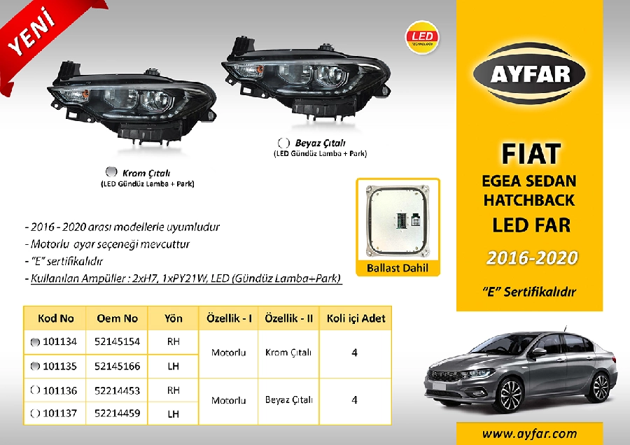 Far Sol L Motorlu Beyaz Çıtalı LED Drl + Park Fiat Egea 2016-2020 52214459 | OEM 101137
