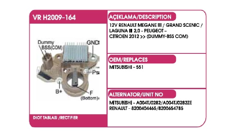Konjektör Mitsubishi Tip 37659 12V Renault Megane 3, Grand Scenic, Laguna 3 2.0, Peugeot, Cıt | OEM VRH2009-164