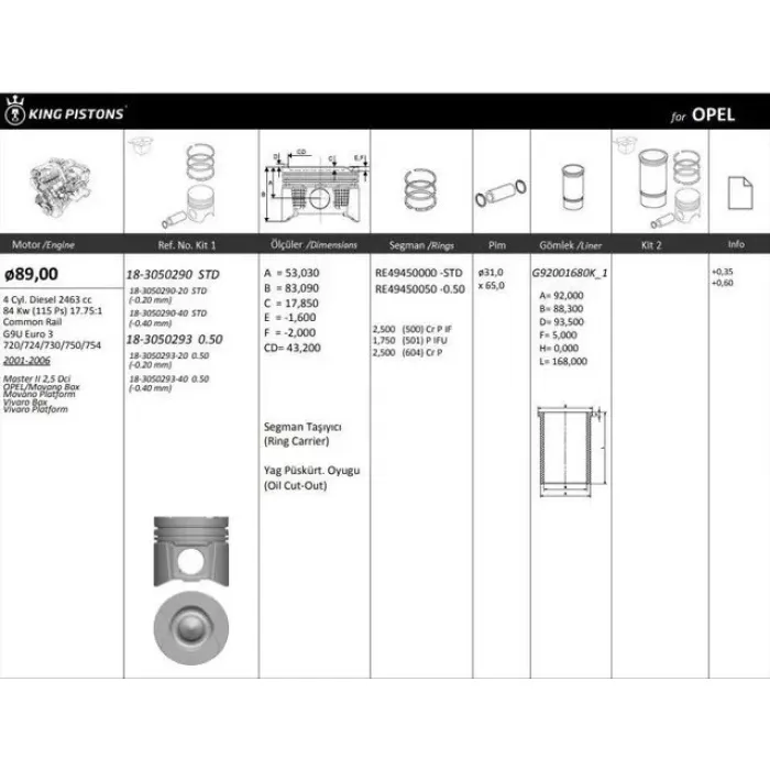 Motor Piston+Segman Master 2.5 Dci-Movano 2.5CDTI (G9U) 115HP EURO3 (89.00MM) / (+0.50MM) / (-0.20MM Kısa) | KINGPISTON 18-3050293-20 | OEM 7701477122