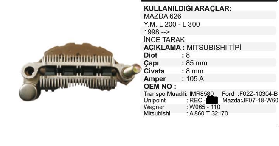 Diyot Tablası Mitsubishi Tip 8 Diyot 85 2000 Mitsubishi L200, L 300 Y M, Space Wagon 1.8 (92 - ), Prestıj | OEM VMR8582