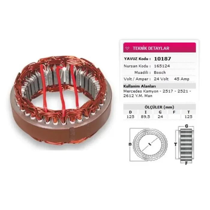 Stator Bosch Tip 24V 45A Mercedes 2517 2521 2612 Ym MAN Bmc 827 Cargo 3226 Nursan 165124 | YAVUZ 10 187 | OEM 10 187