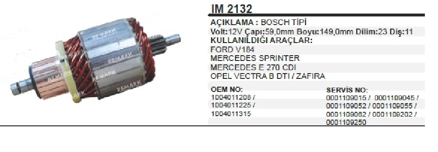 Marş Kollektörü Bosch Tipi 12V Mercedes Sprinter E 270 CDI, Opel Vectra B Dtı-Zafıra, Ford Transit 2.4TDCI | OEM IM2132