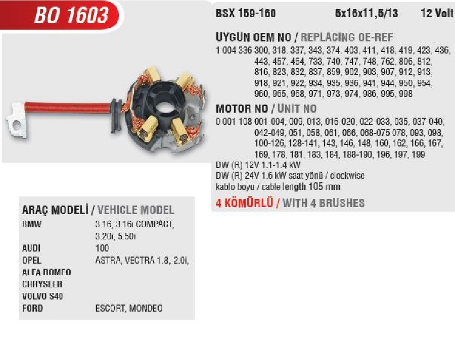 Marş Kömür Yuvası - BMW, Audi 100, Opel Astra-Vectra, VW, Chrysler, Volvo (Uygun Kömür:BSX159, 160) | OEM BO1603