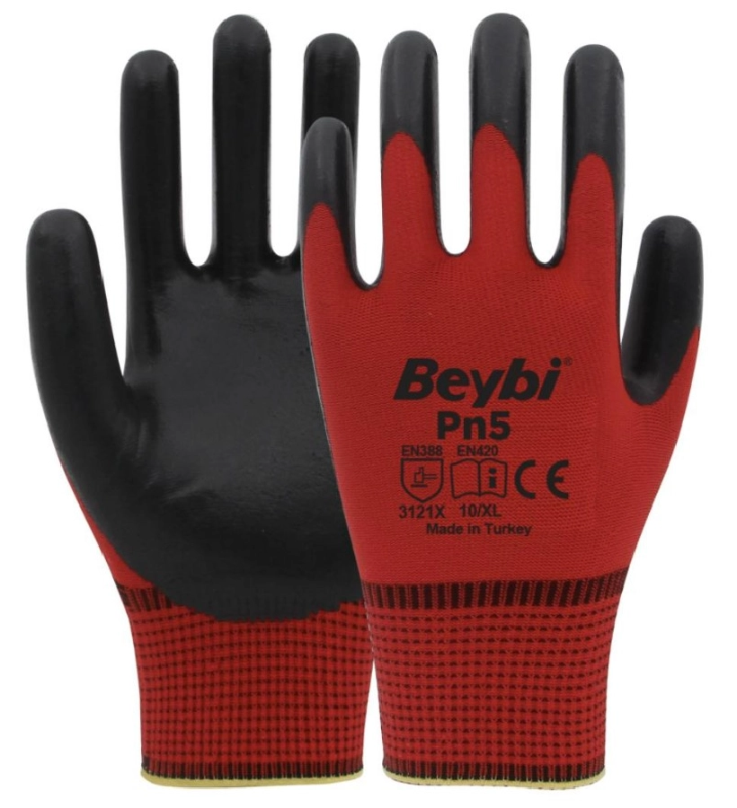 Polyester Örme Nitril İş Eldiveni (2 Adet) PN5 Kırmızı-Siyah | OEM PN5 KIRMIZI-SIYAH