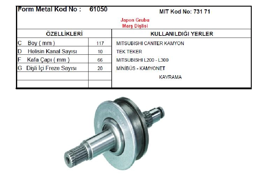 Marş Dişlisi 20D Mitsubishi Tipi Nissan-Yale-Mazda Mitsubishi Pajero 2.3TD, 2.5TD Canter Tek Teker-L200-L3 | OEM 61050