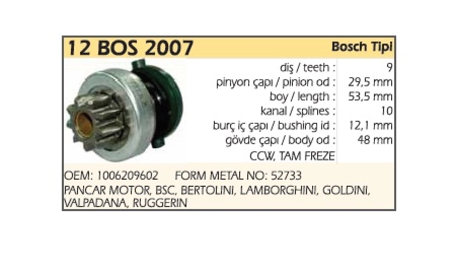 Marş Dişlisi 9 Diş, CCW Pancar Motor, Bsc, Bertolını, Lamborghını, Goldını, Valpadana | OEM 12BOS2007