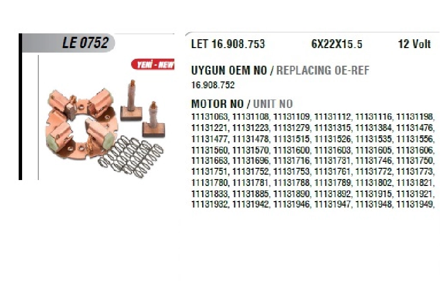 Marş Kömür Yuvası - 12V 3KW Johndeere, Landını, Mf, Perkins, Jcb (IS1027-1064-1098-1195-1201 Marşlarda ) E | OEM LE0752