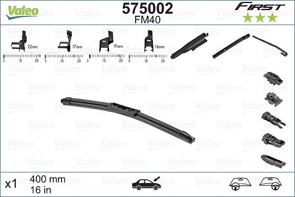 Silecek Supurgesi 400MM (Adet) / (First) Multiconnection VFB40 (Muz Tipi Aparatli) / (4 Aparatli) 16INC | VALEO 575002 | OEM 6423C5 6423C5 6423J3 6423J3