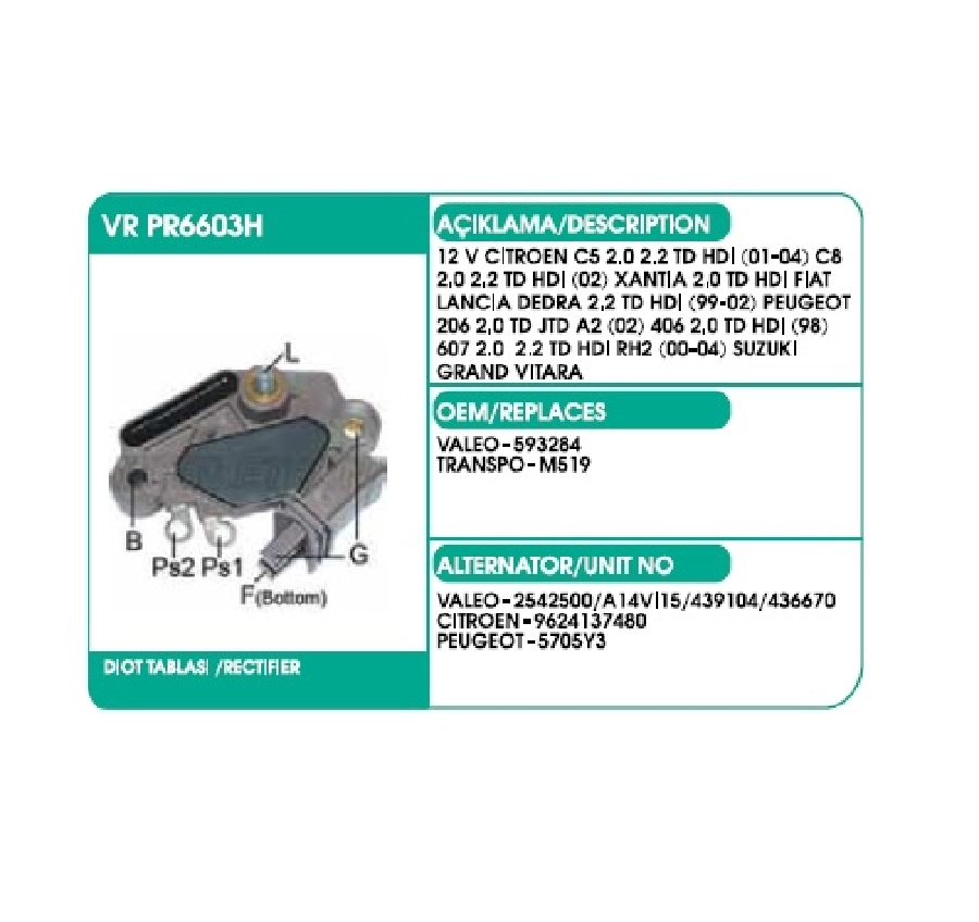 Konjektör Valeo Tip 12V - Citroen C5 2.0-2.2 Td HDI (01-04)-C8 2.0-2.2 Td HDI (02)-XANTIA 2.0 Td HDI | OEM VRPR6603H