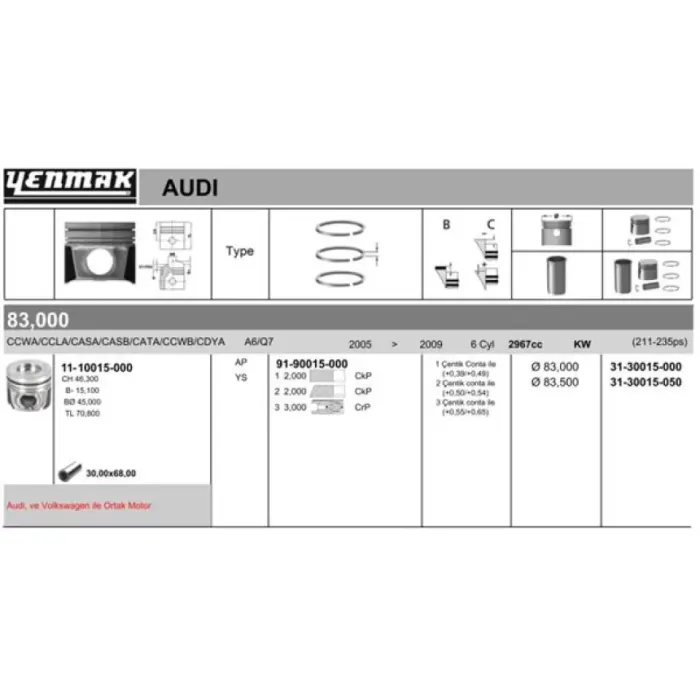 Piston+Segman (83,51MM 0,50) Phaeton A4 A6 A8 Q7 Touareg 3,0TDI (204 / 211 / 224 / 225 / 233 Ps) Asb Bkn Bks Bmk Bng Bug Bun 03>10 | YENMAK 31-30015-050 | OEM 059107065BJ 059107065AS