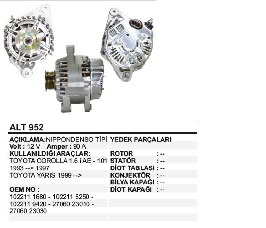 Alternatör 12V 90A N Denso Tipi Toyota Corolla 1,6İ Ae 1993-1997, Yaris 99 -, 6 Kanallı Kasnak | OEM ALT952